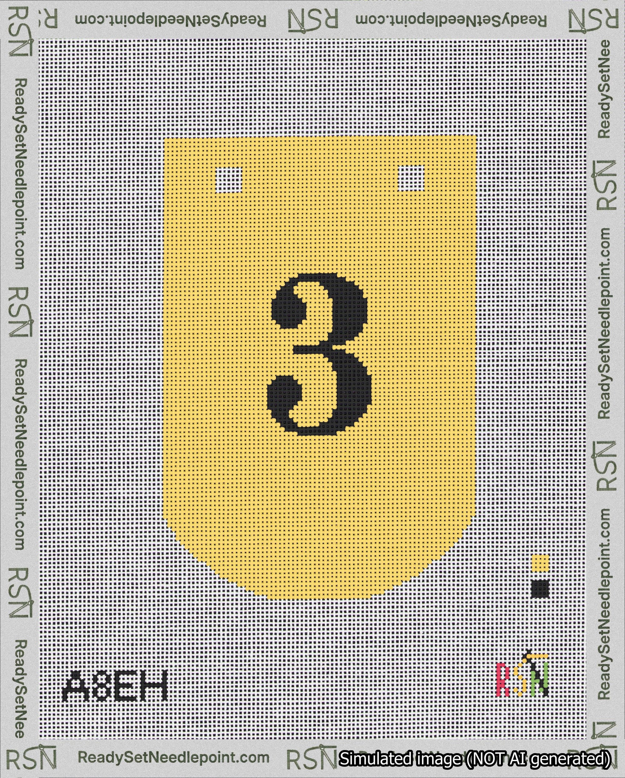 A taped needlepoint canvas with the design: Banner 18 mesh count Curved 3 Black on Yellow.