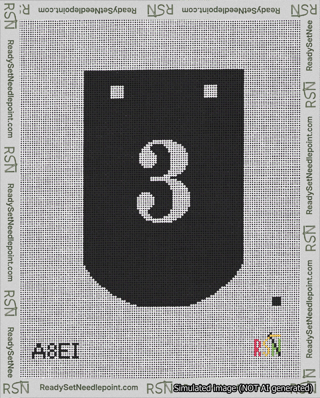 A taped needlepoint canvas with the design: Banner 18 mesh count Curved 3 White on Black.