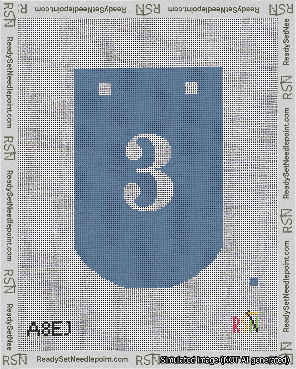 A taped needlepoint canvas with the design: Banner 18 mesh count Curved 3 White on Blue.