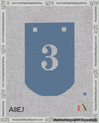A taped needlepoint canvas with the design: Banner 18 mesh count Curved 3 White on Blue.