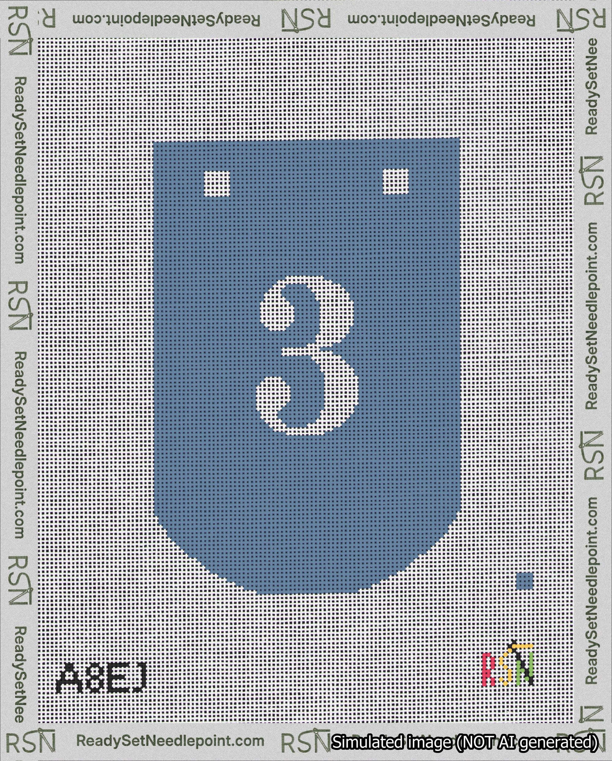 A taped needlepoint canvas with the design: Banner 18 mesh count Curved 3 White on Blue.