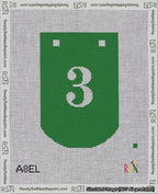 A taped needlepoint canvas with the design: Banner 18 mesh count Curved 3 White on Green.