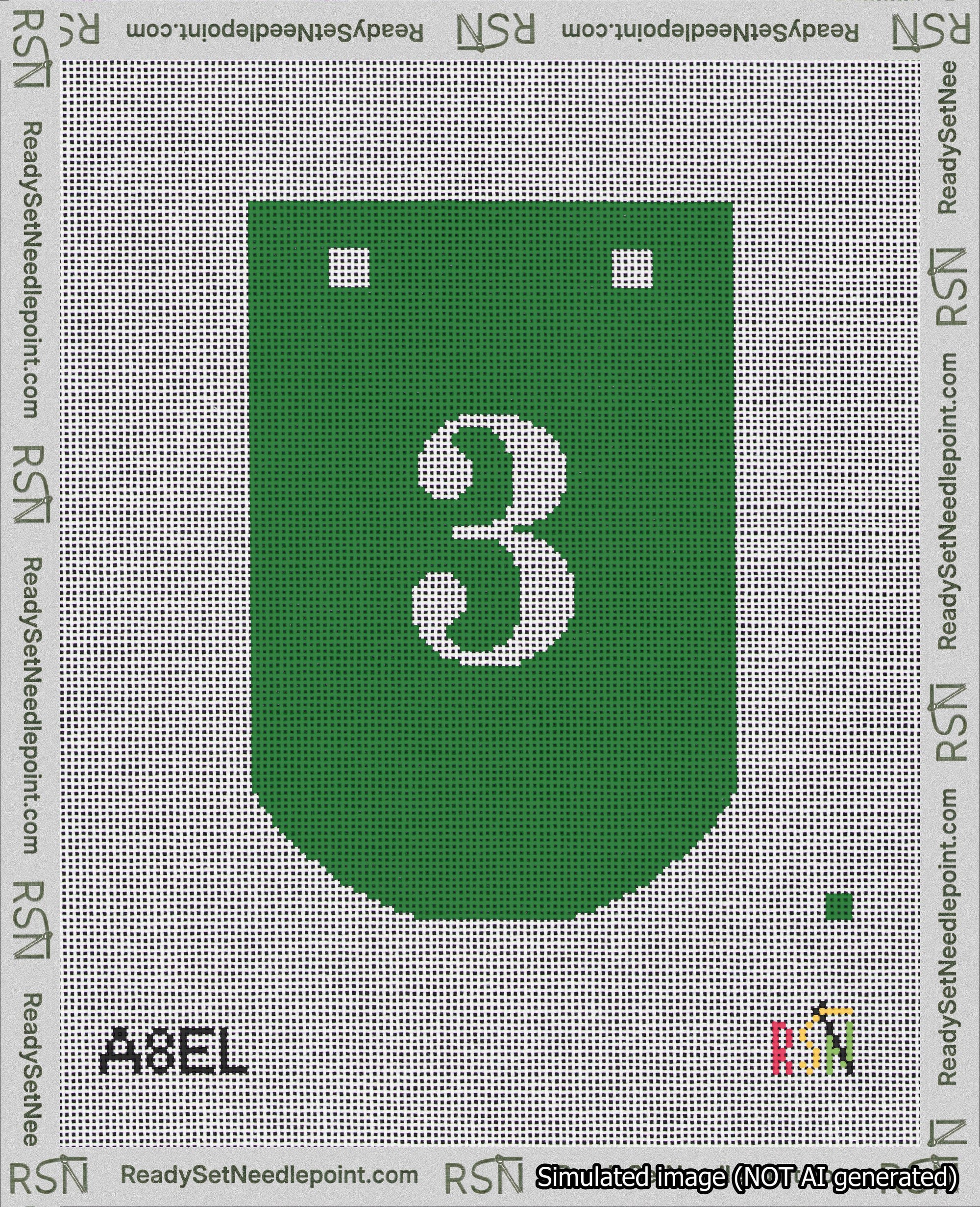 A taped needlepoint canvas with the design: Banner 18 mesh count Curved 3 White on Green.
