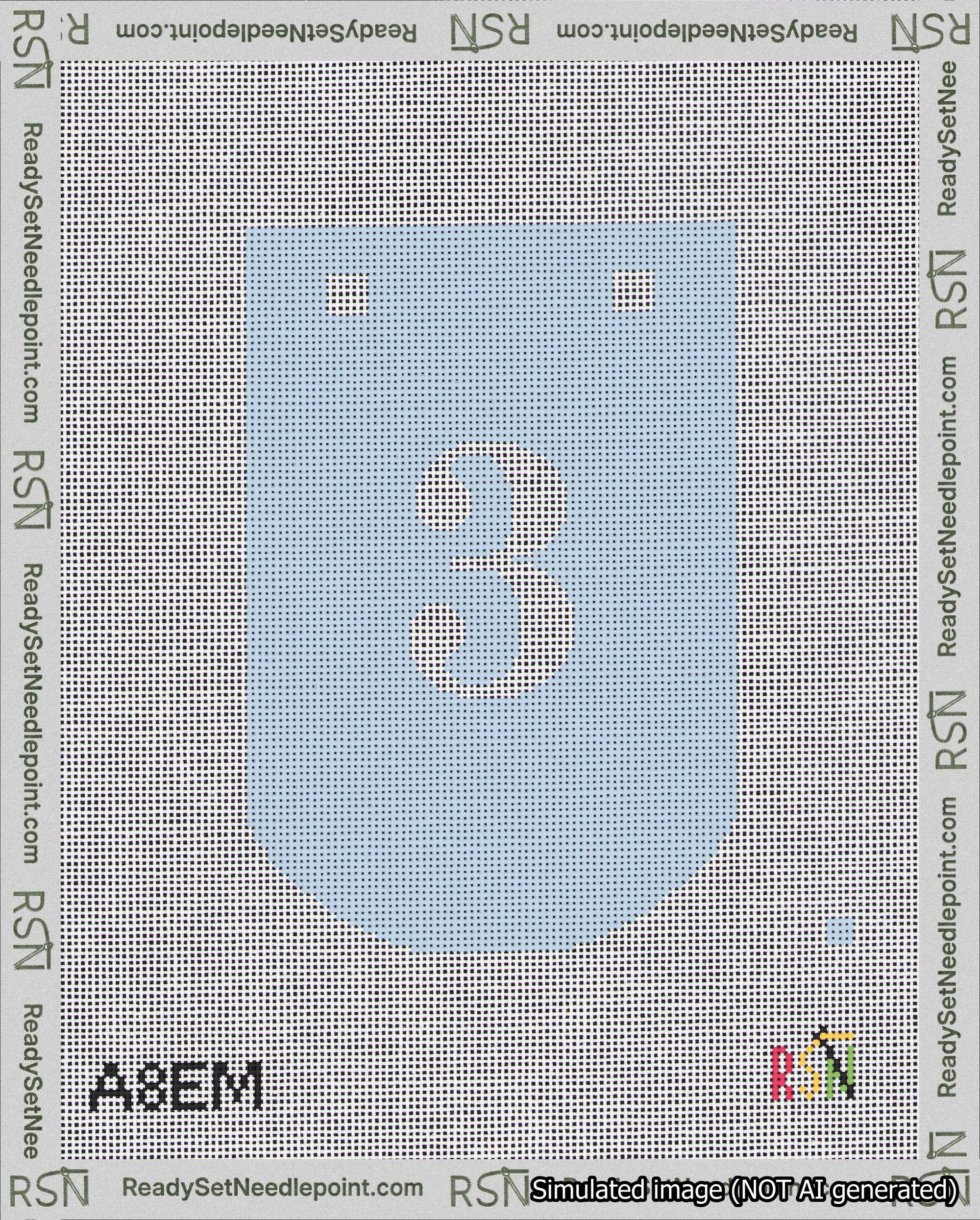 A taped needlepoint canvas with the design: Banner 18 mesh count Curved 3 White on Light Blue.