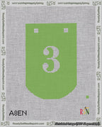 A taped needlepoint canvas with the design: Banner 18 mesh count Curved 3 White on Light Green.