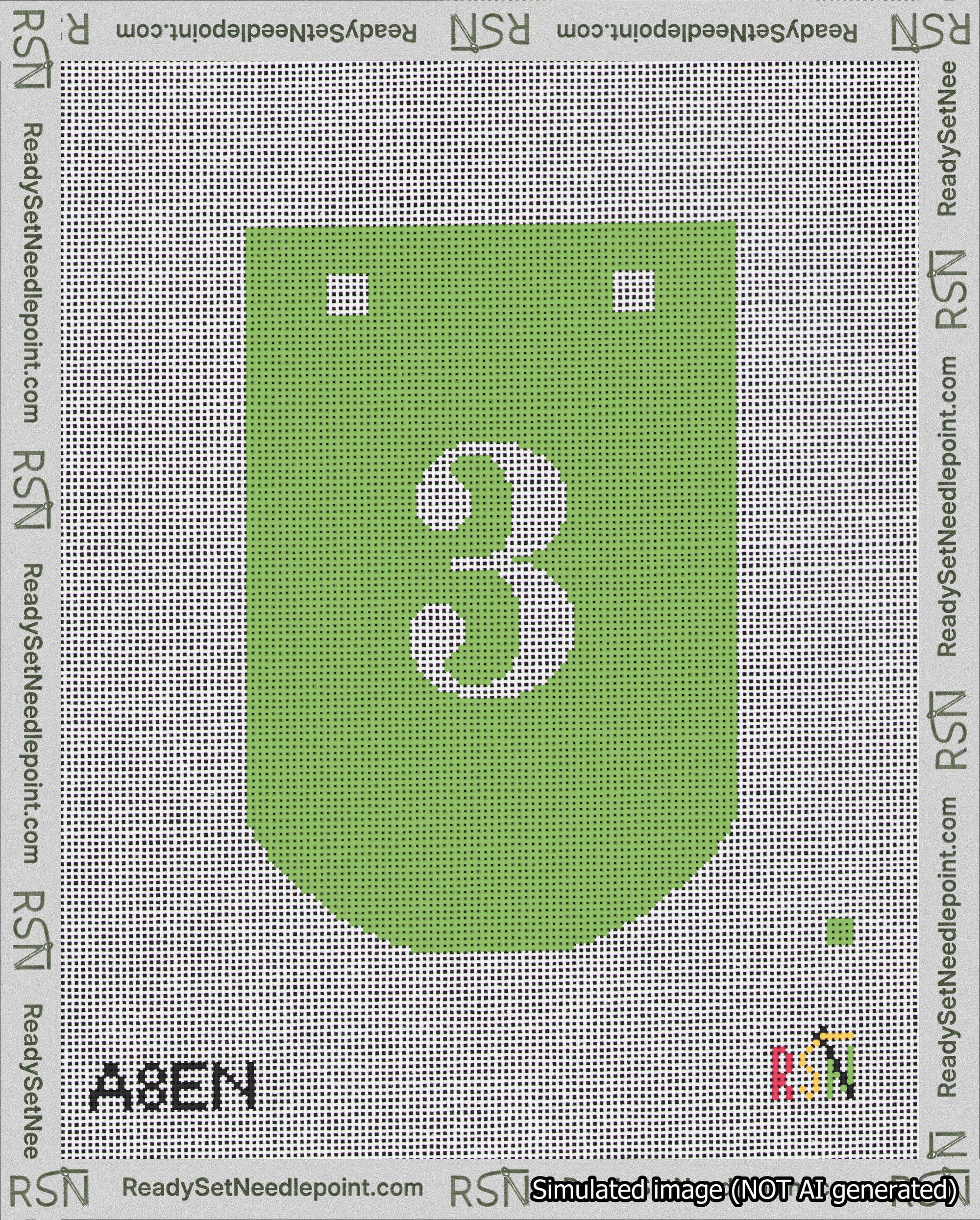 A taped needlepoint canvas with the design: Banner 18 mesh count Curved 3 White on Light Green.