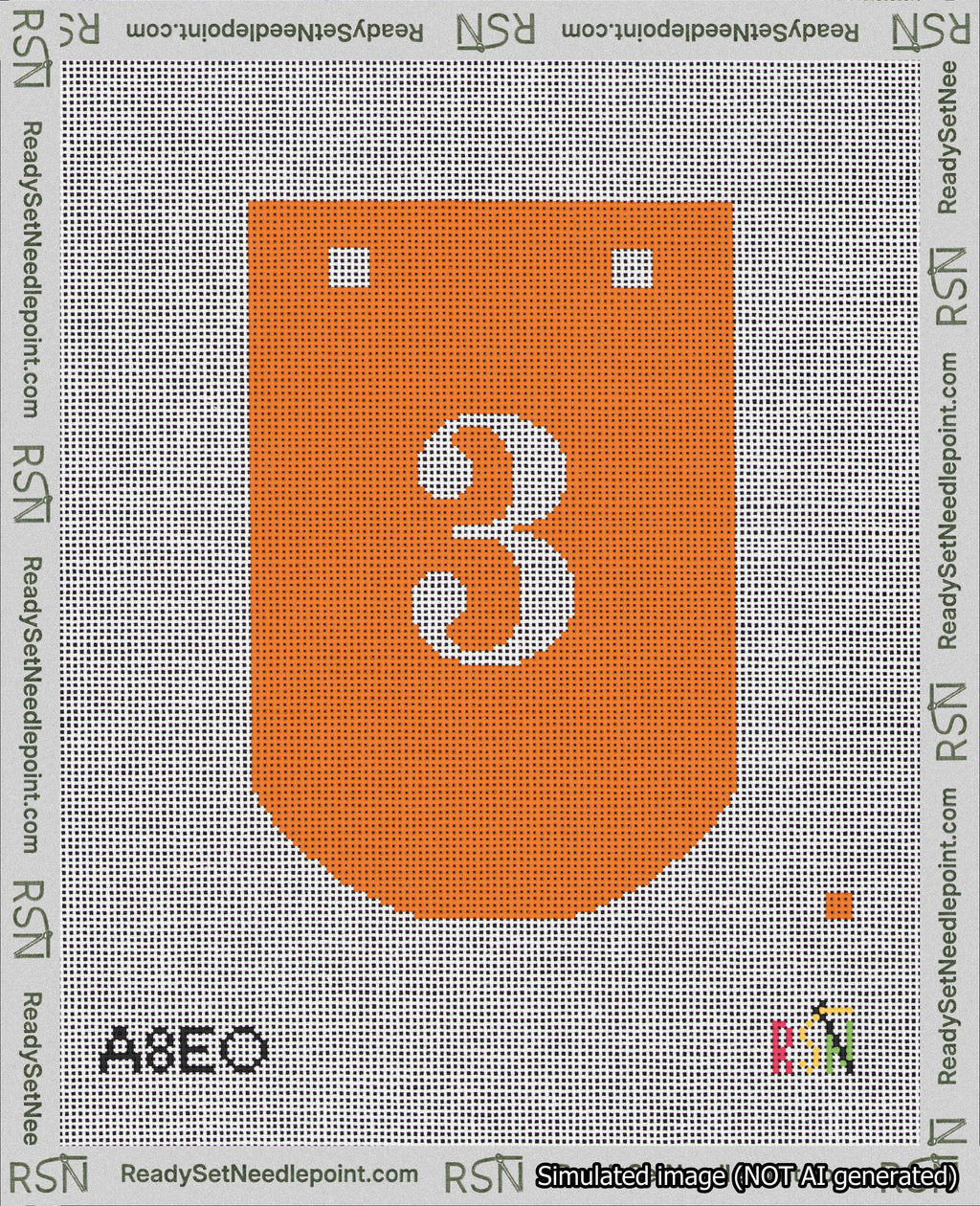 A taped needlepoint canvas with the design: Banner 18 mesh count Curved 3 White on Orange.