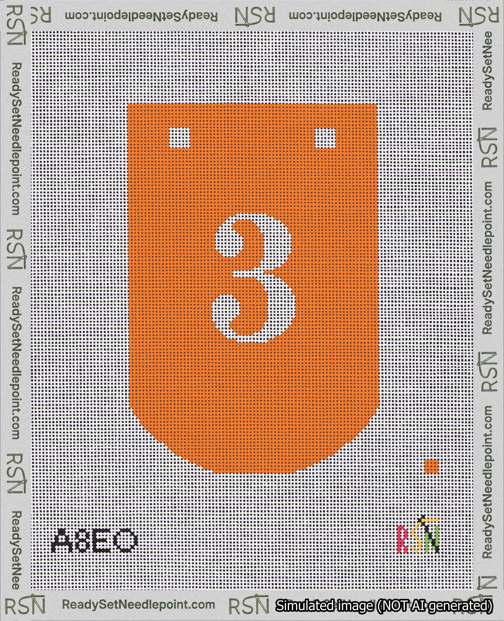 A taped needlepoint canvas with the design: Banner 18 mesh count Curved 3 White on Orange.