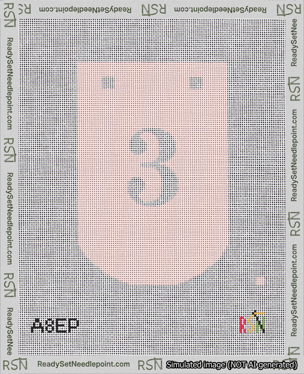 A taped needlepoint canvas with the design: Banner 18 mesh count Curved 3 White on Pink.