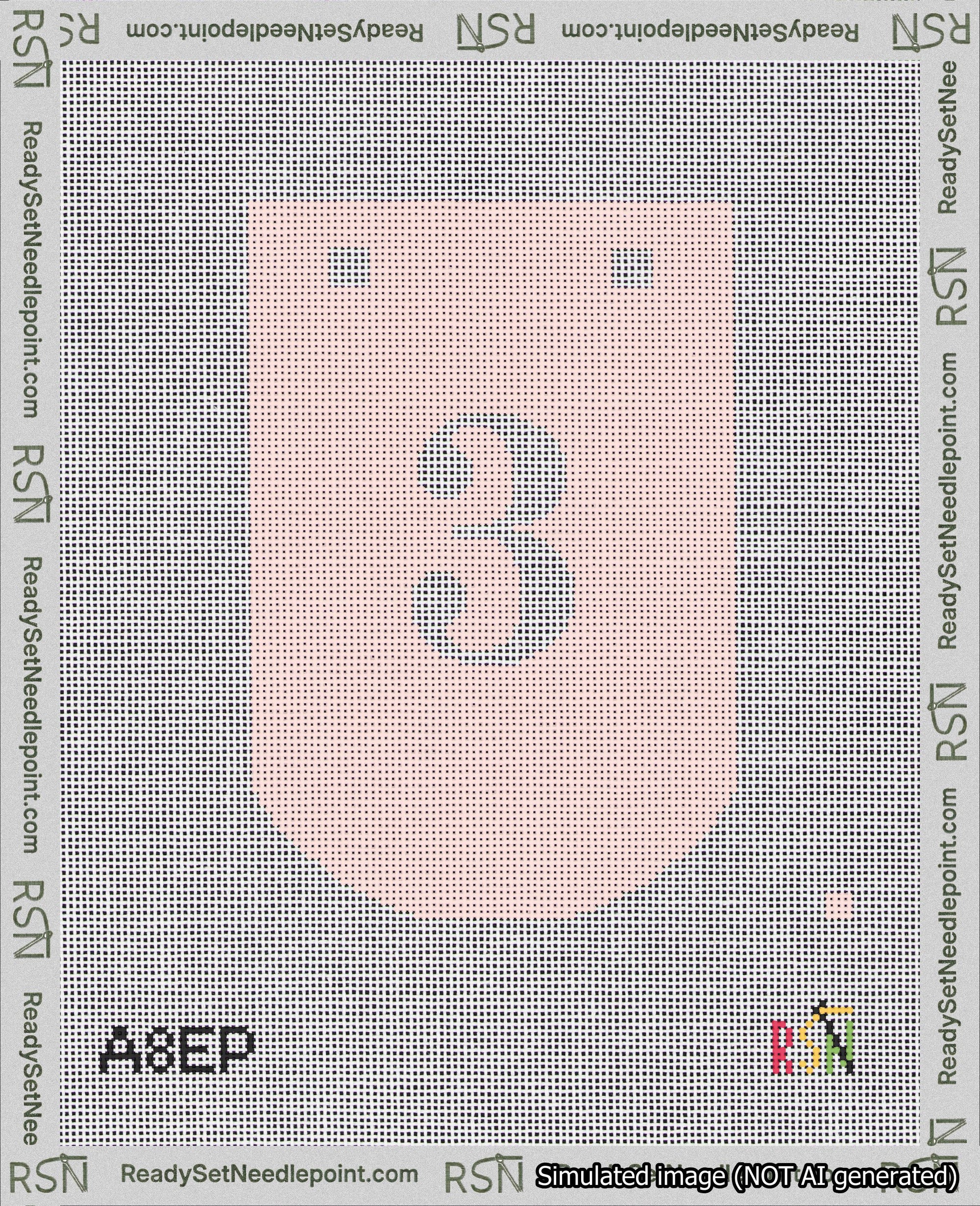 A taped needlepoint canvas with the design: Banner 18 mesh count Curved 3 White on Pink.