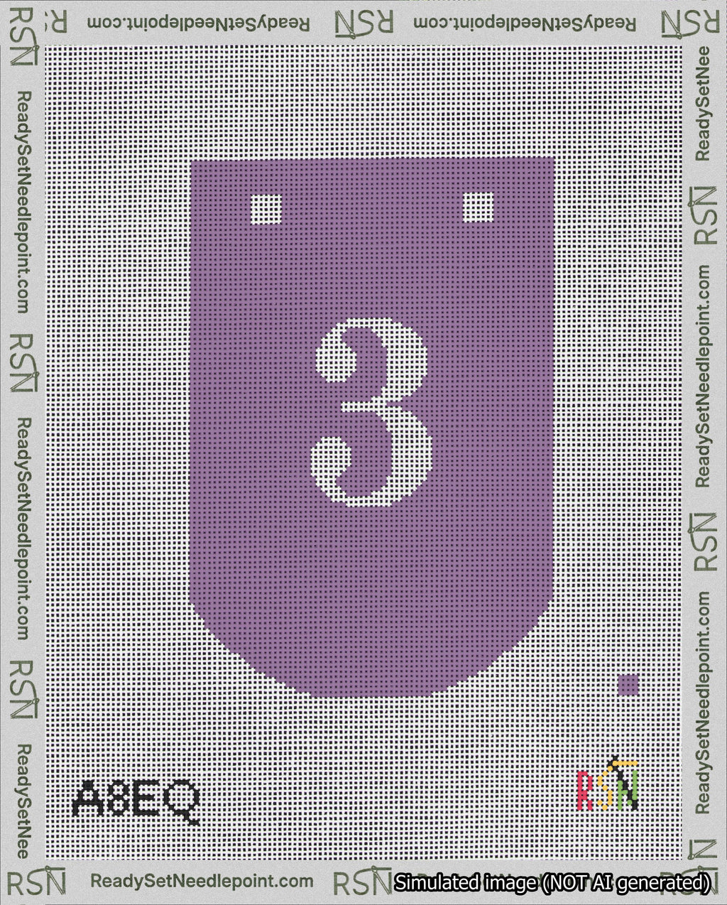 A taped needlepoint canvas with the design: Banner 18 mesh count Curved 3 White on Purple.