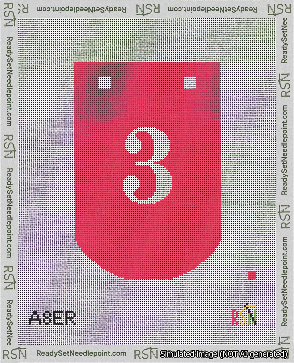 A taped needlepoint canvas with the design: Banner 18 mesh count Curved 3 White on Red.