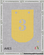 A taped needlepoint canvas with the design: Banner 18 mesh count Curved 3 White on Yellow.