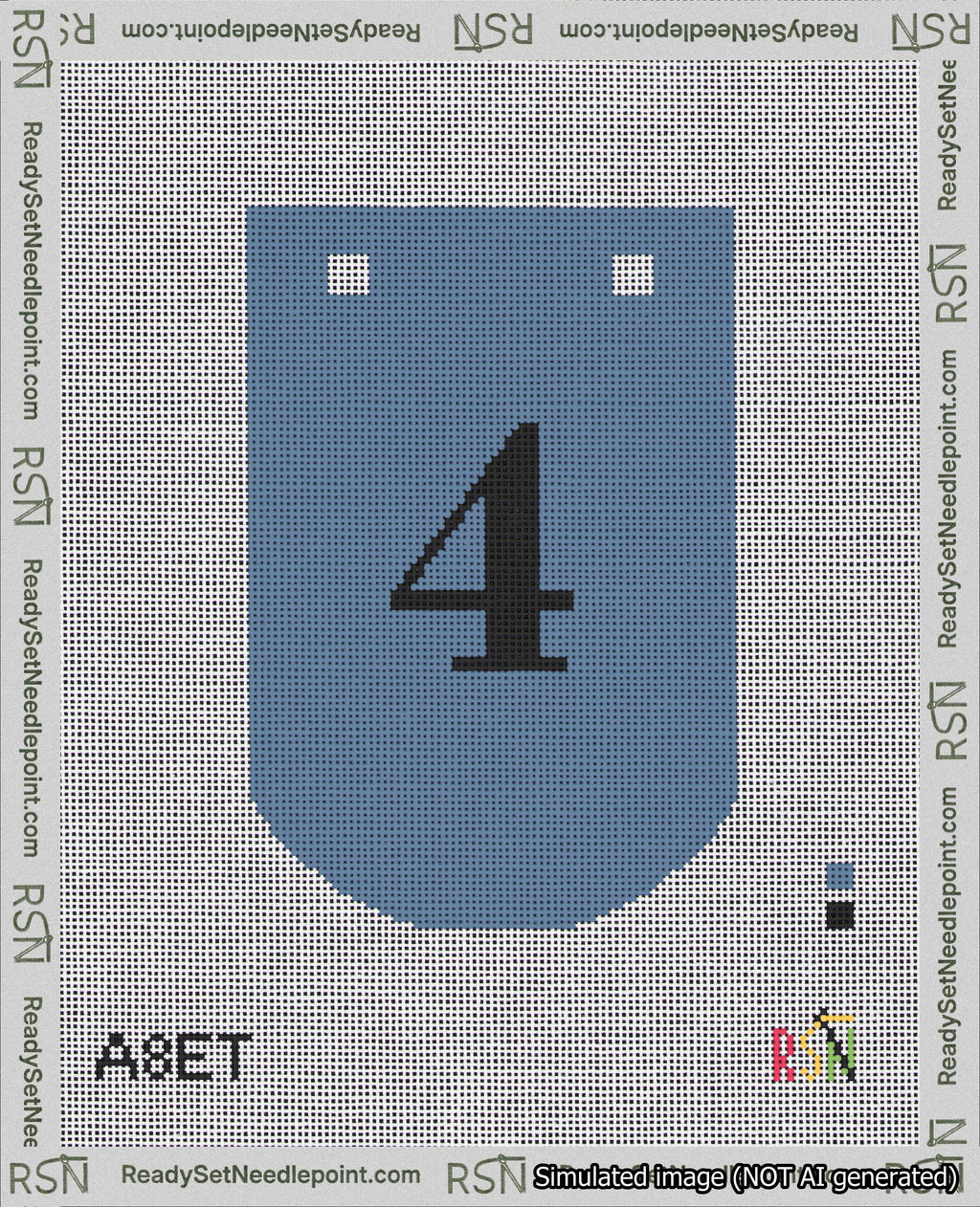 A taped needlepoint canvas with the design: Banner 18 mesh count Curved 4 Black on Blue.