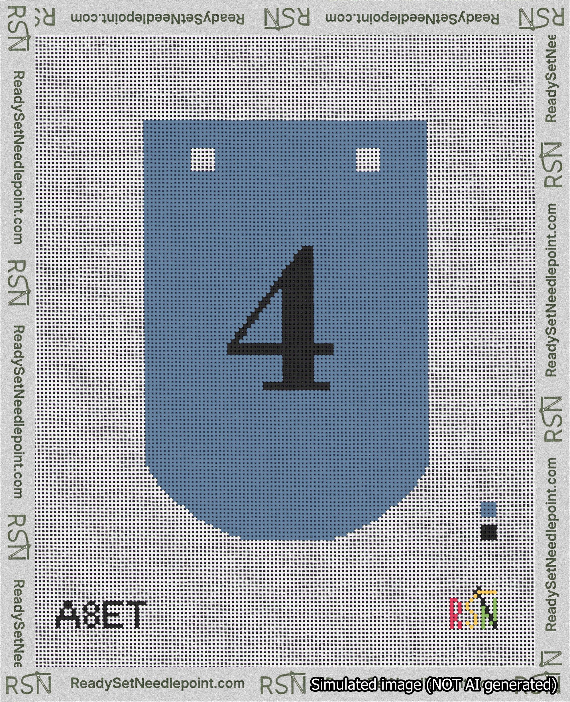 A taped needlepoint canvas with the design: Banner 18 mesh count Curved 4 Black on Blue.