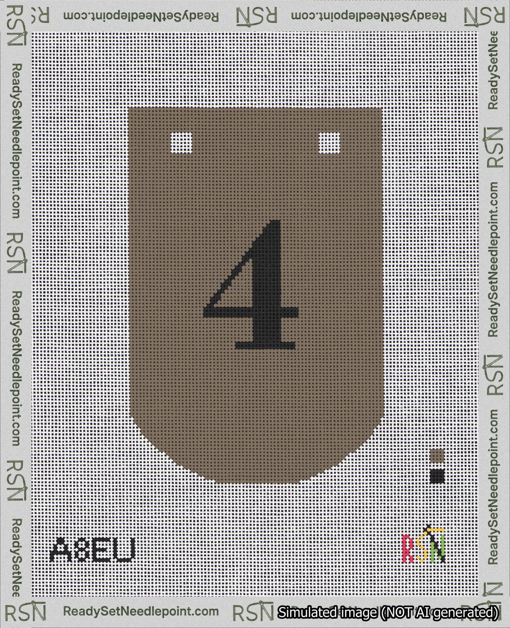 A taped needlepoint canvas with the design: Banner 18 mesh count Curved 4 Black on Brown.
