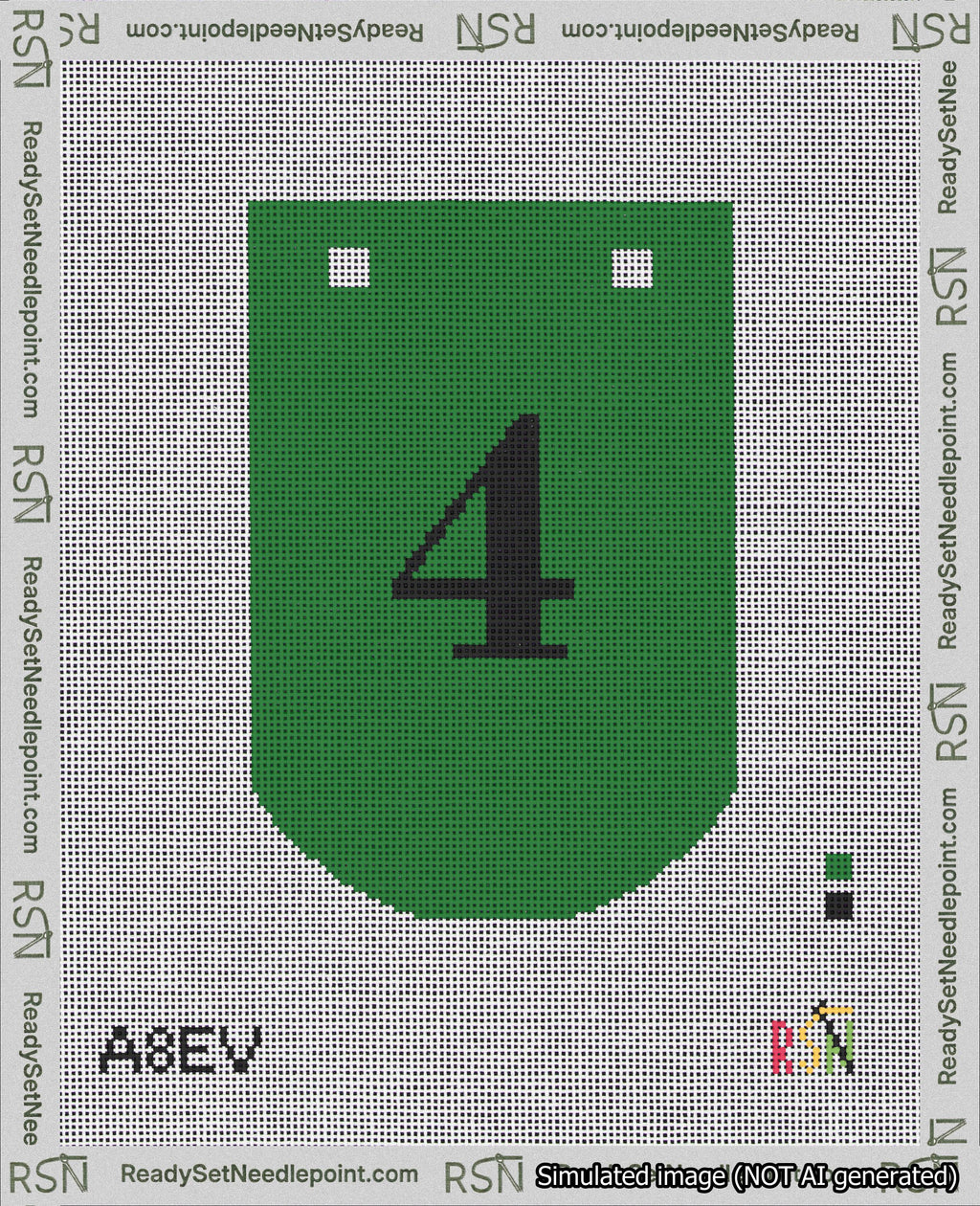 A taped needlepoint canvas with the design: Banner 18 mesh count Curved 4 Black on Green.
