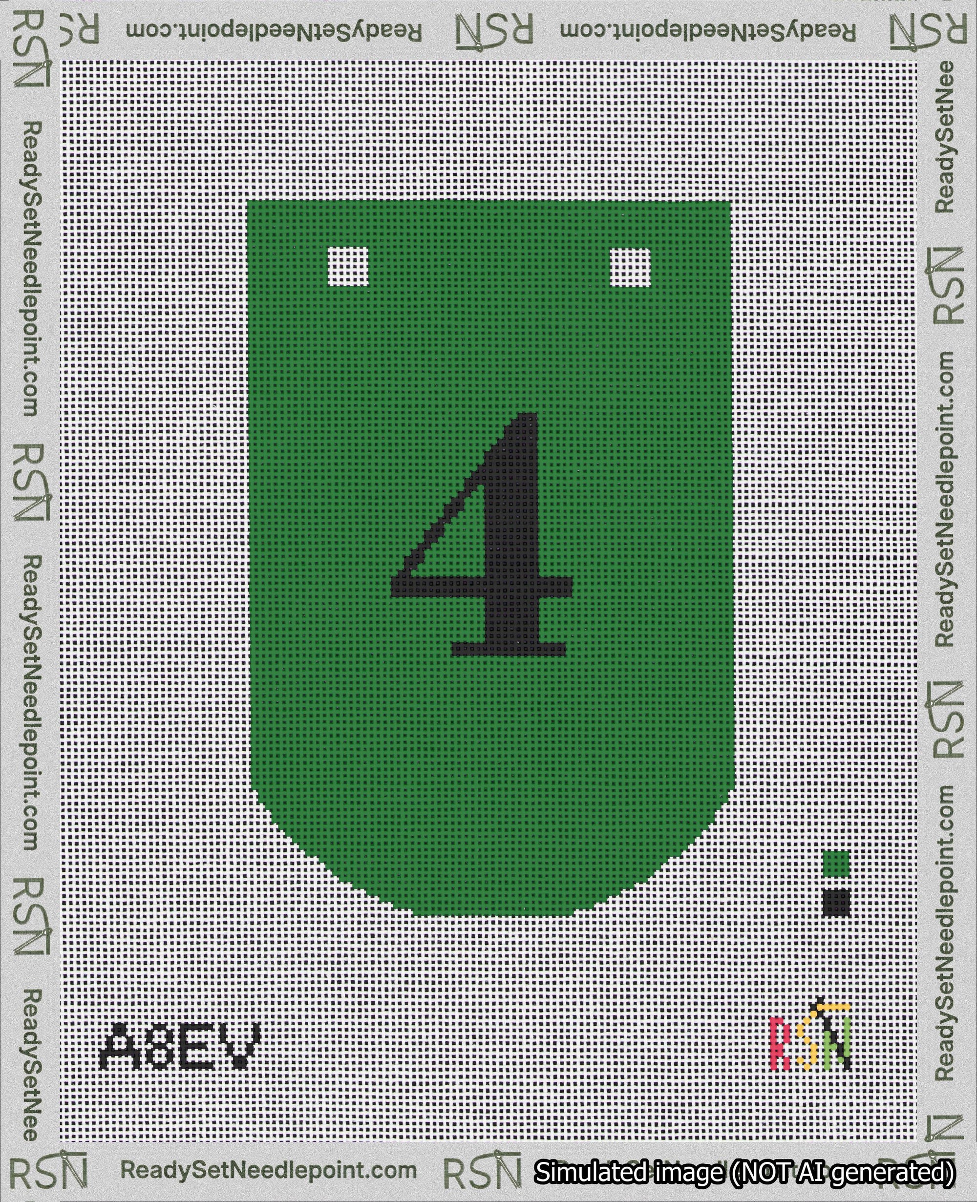 A taped needlepoint canvas with the design: Banner 18 mesh count Curved 4 Black on Green.