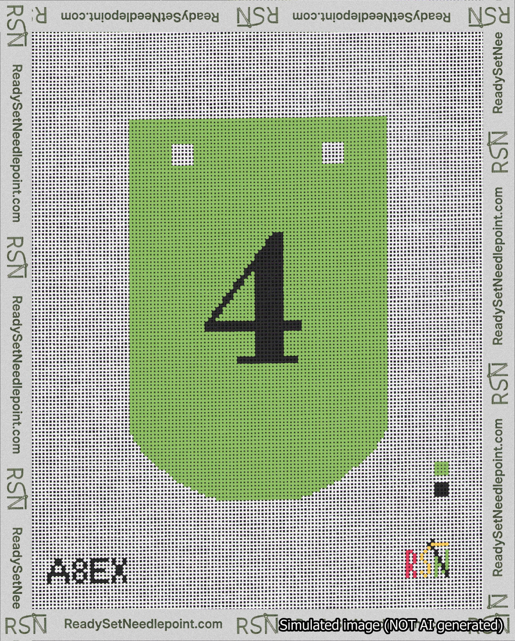 A taped needlepoint canvas with the design: Banner 18 mesh count Curved 4 Black on Light Green.