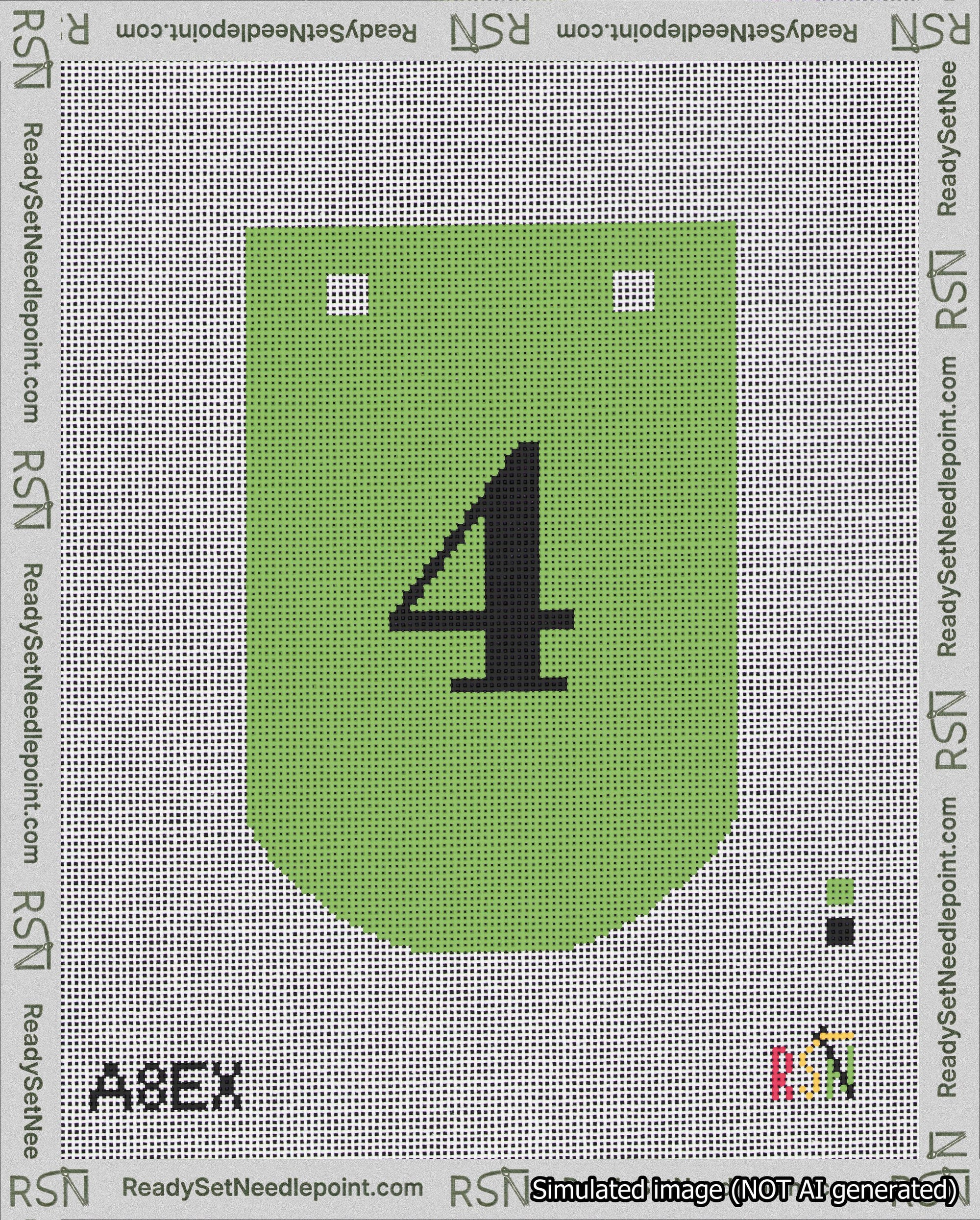 A taped needlepoint canvas with the design: Banner 18 mesh count Curved 4 Black on Light Green.
