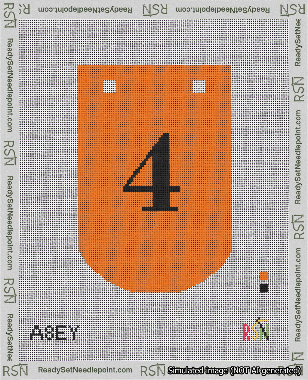 A taped needlepoint canvas with the design: Banner 18 mesh count Curved 4 Black on Orange.