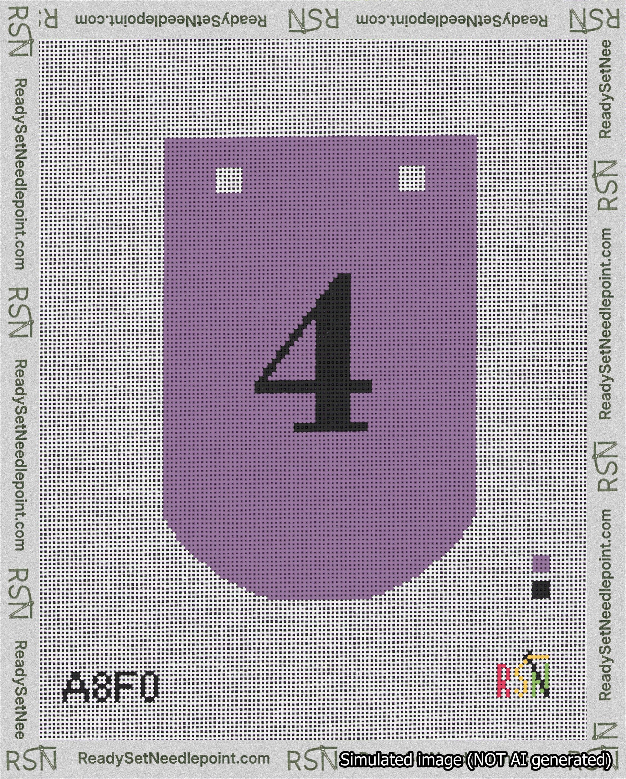 A taped needlepoint canvas with the design: Banner 18 mesh count Curved 4 Black on Purple.