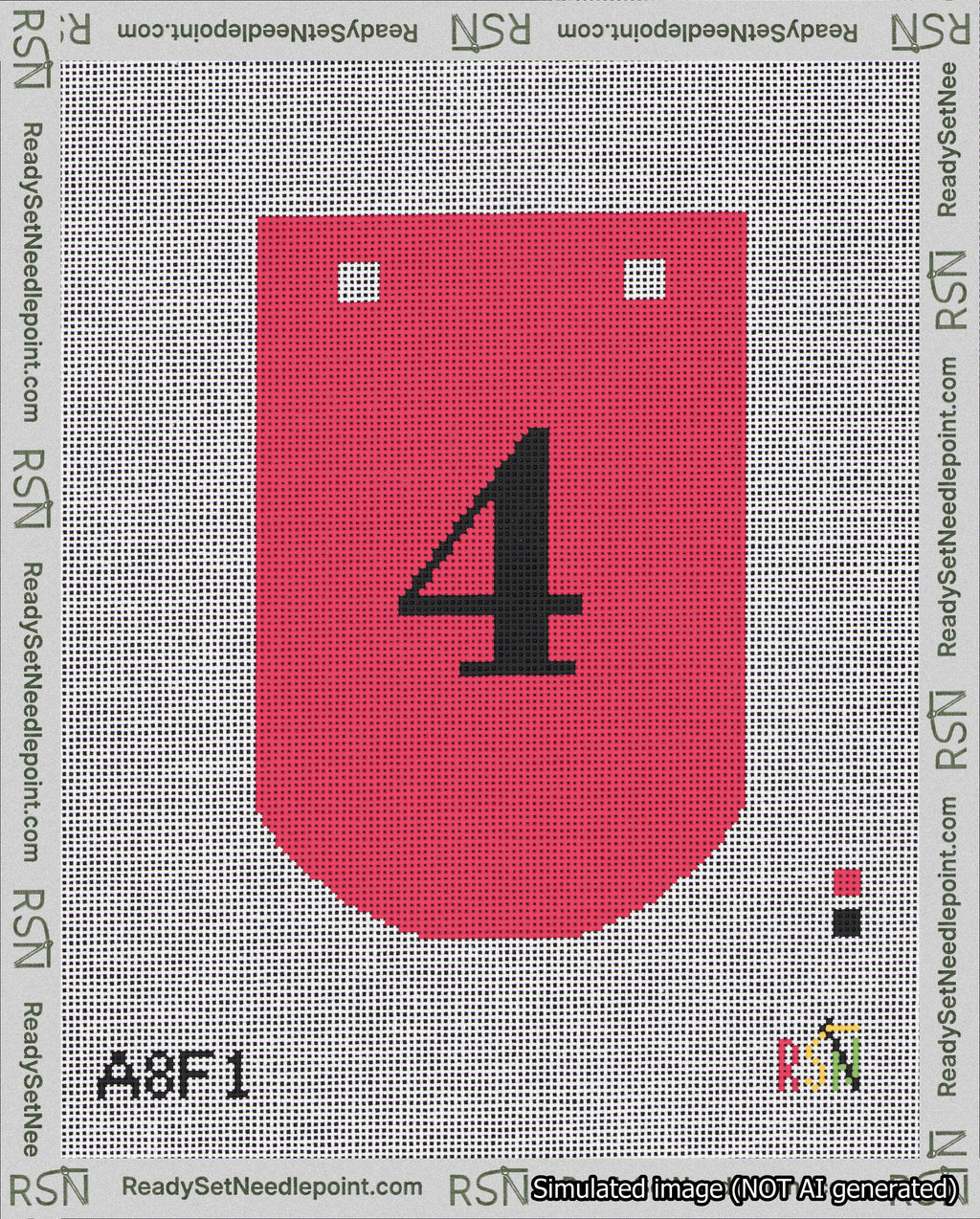 A taped needlepoint canvas with the design: Banner 18 mesh count Curved 4 Black on Red.