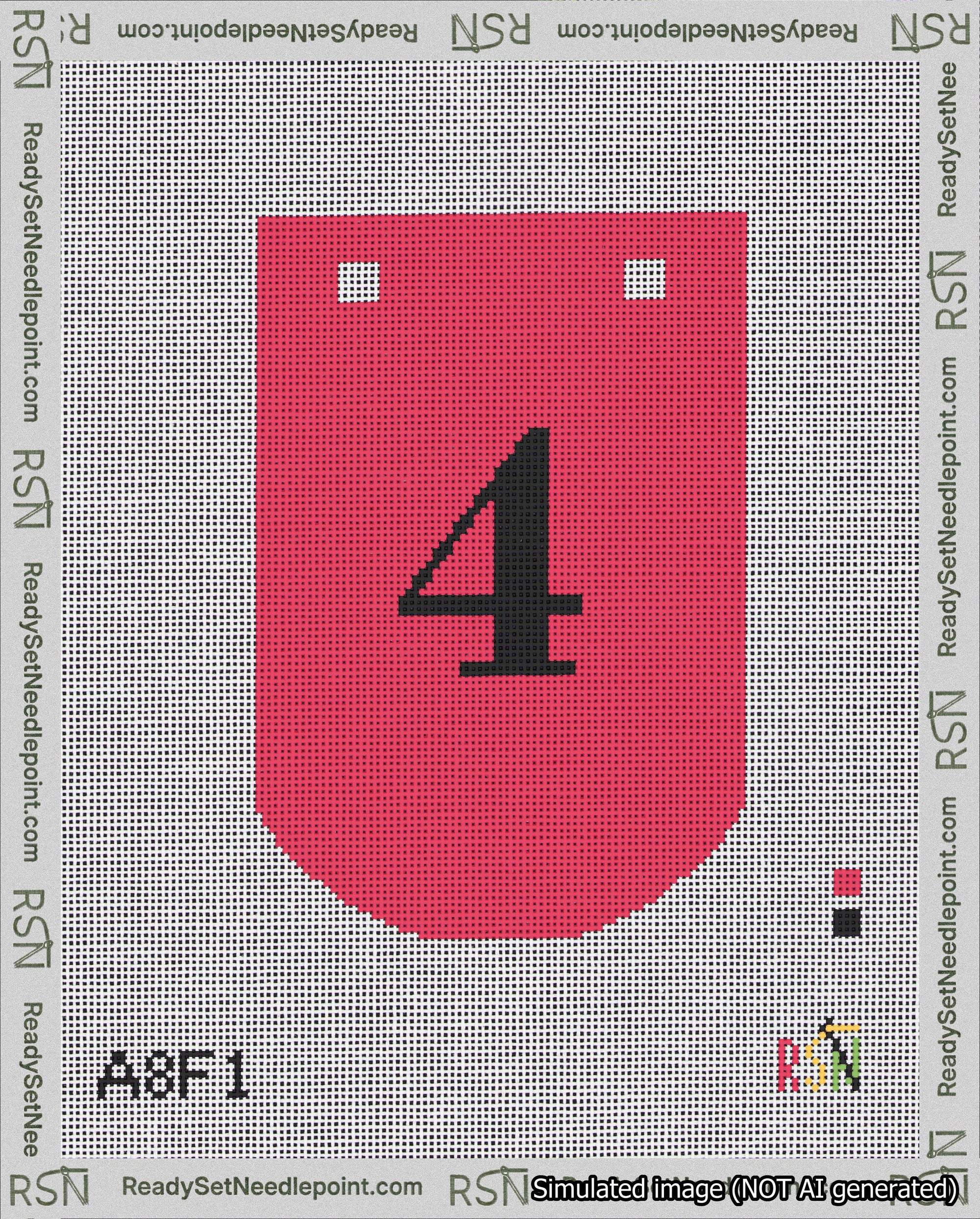 A taped needlepoint canvas with the design: Banner 18 mesh count Curved 4 Black on Red.