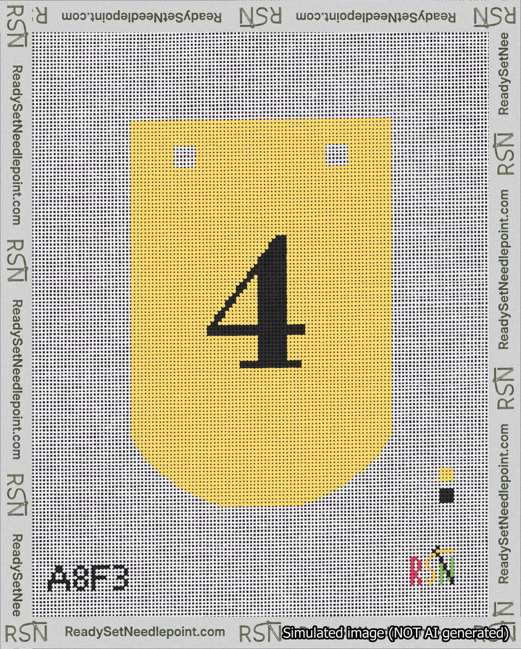 A taped needlepoint canvas with the design: Banner 18 mesh count Curved 4 Black on Yellow.