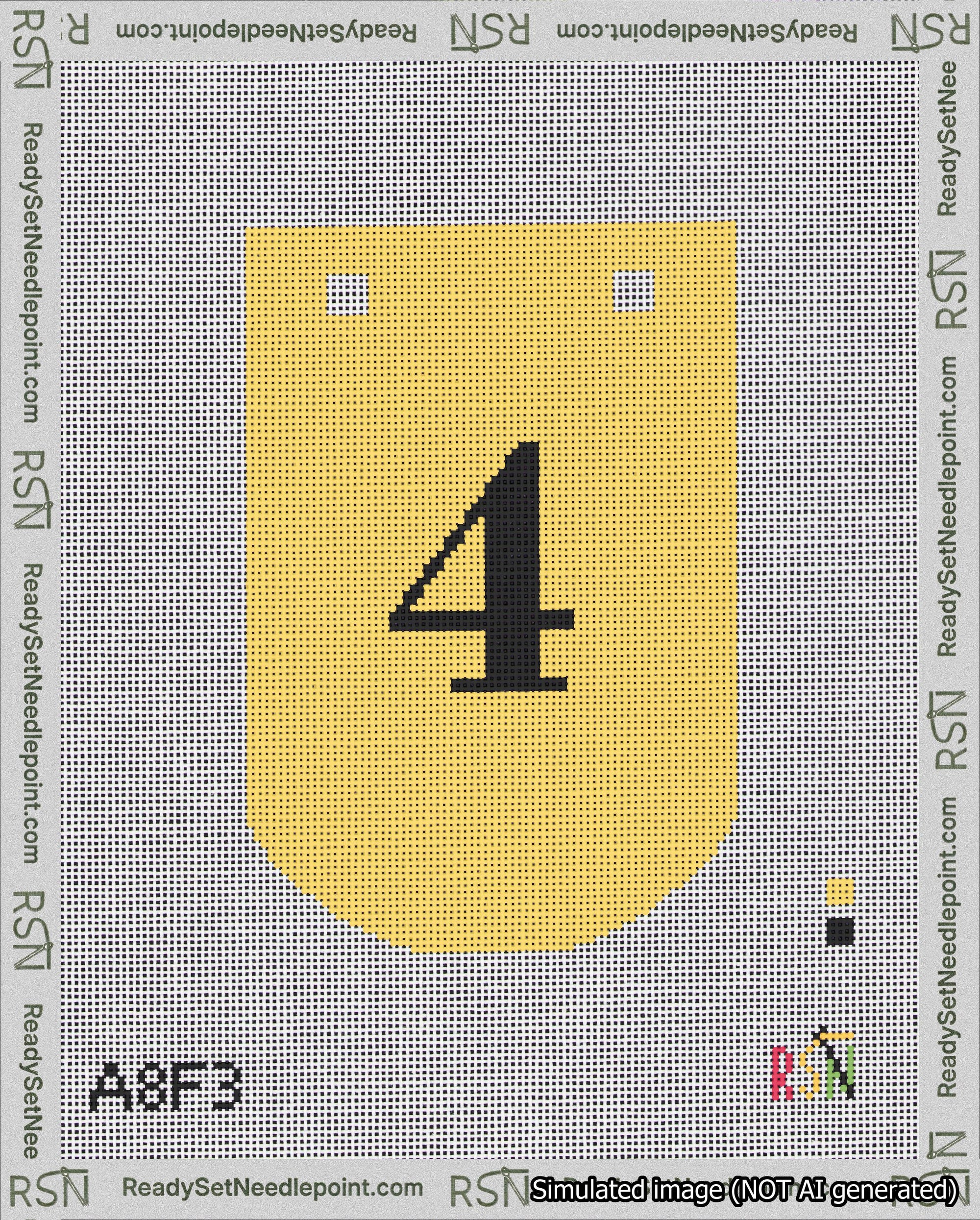 A taped needlepoint canvas with the design: Banner 18 mesh count Curved 4 Black on Yellow.