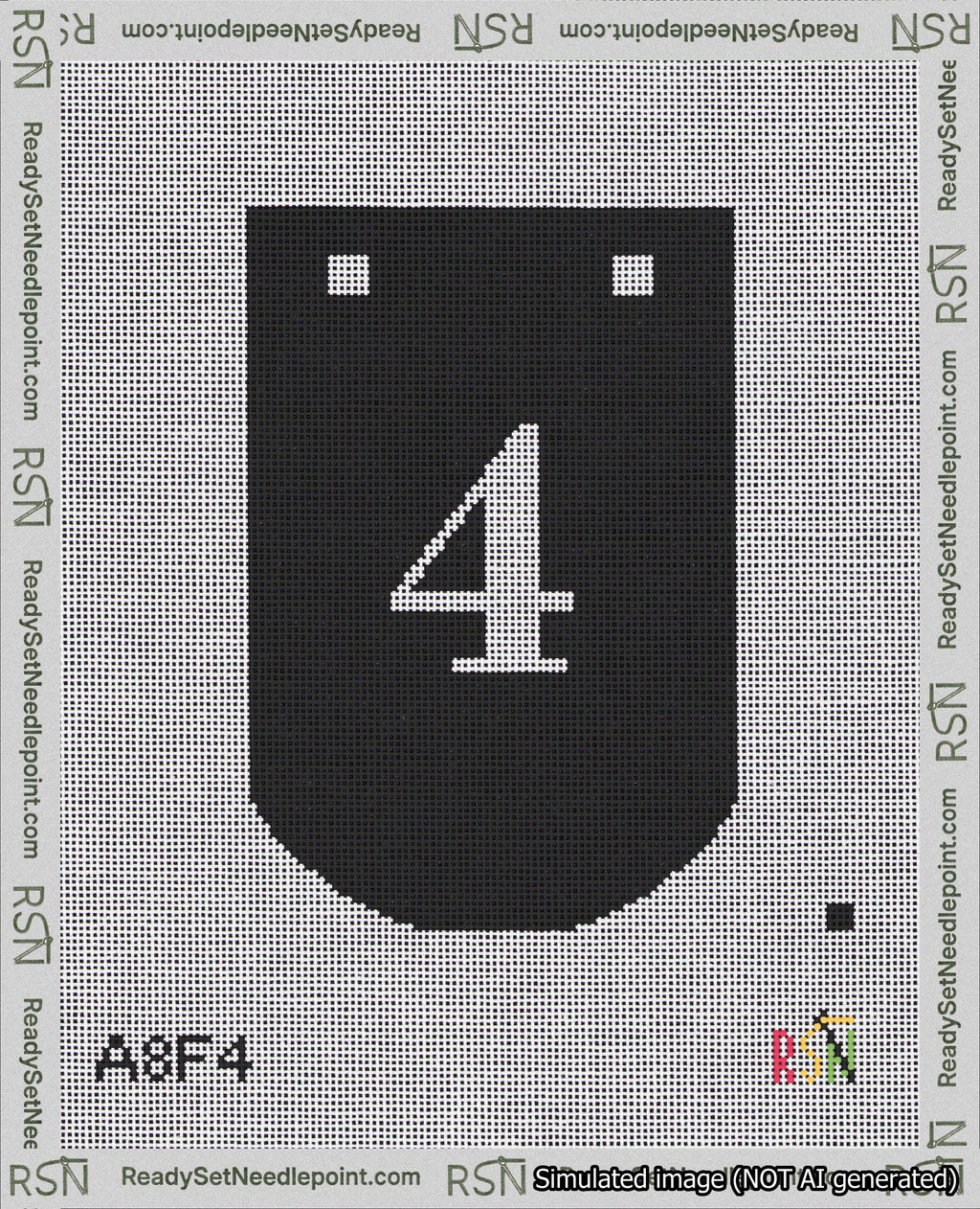 A taped needlepoint canvas with the design: Banner 18 mesh count Curved 4 White on Black.