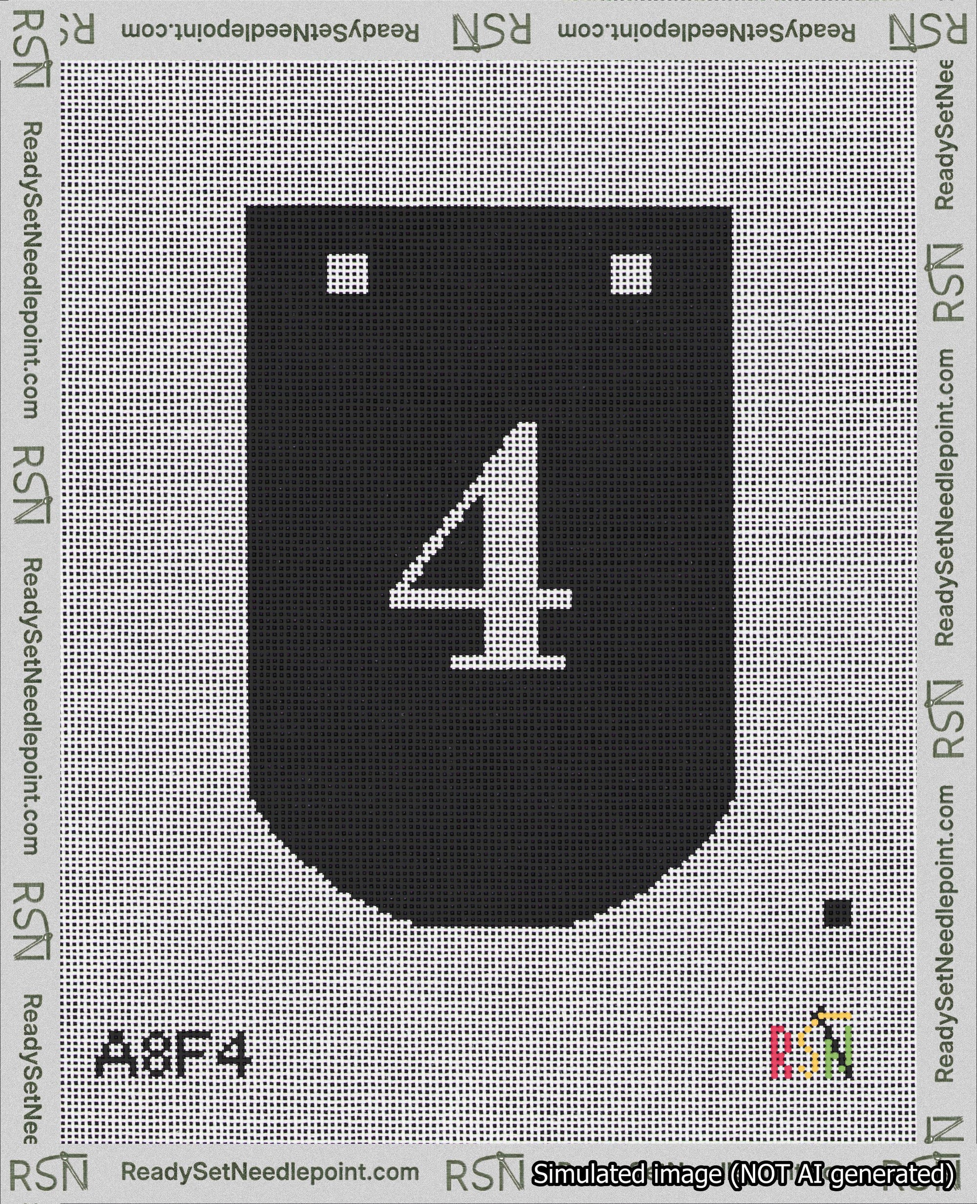 A taped needlepoint canvas with the design: Banner 18 mesh count Curved 4 White on Black.