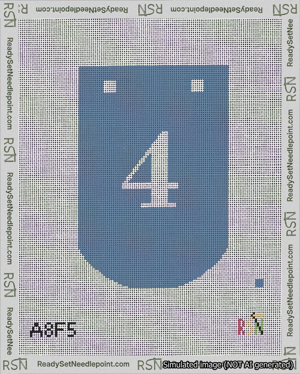 A taped needlepoint canvas with the design: Banner 18 mesh count Curved 4 White on Blue.