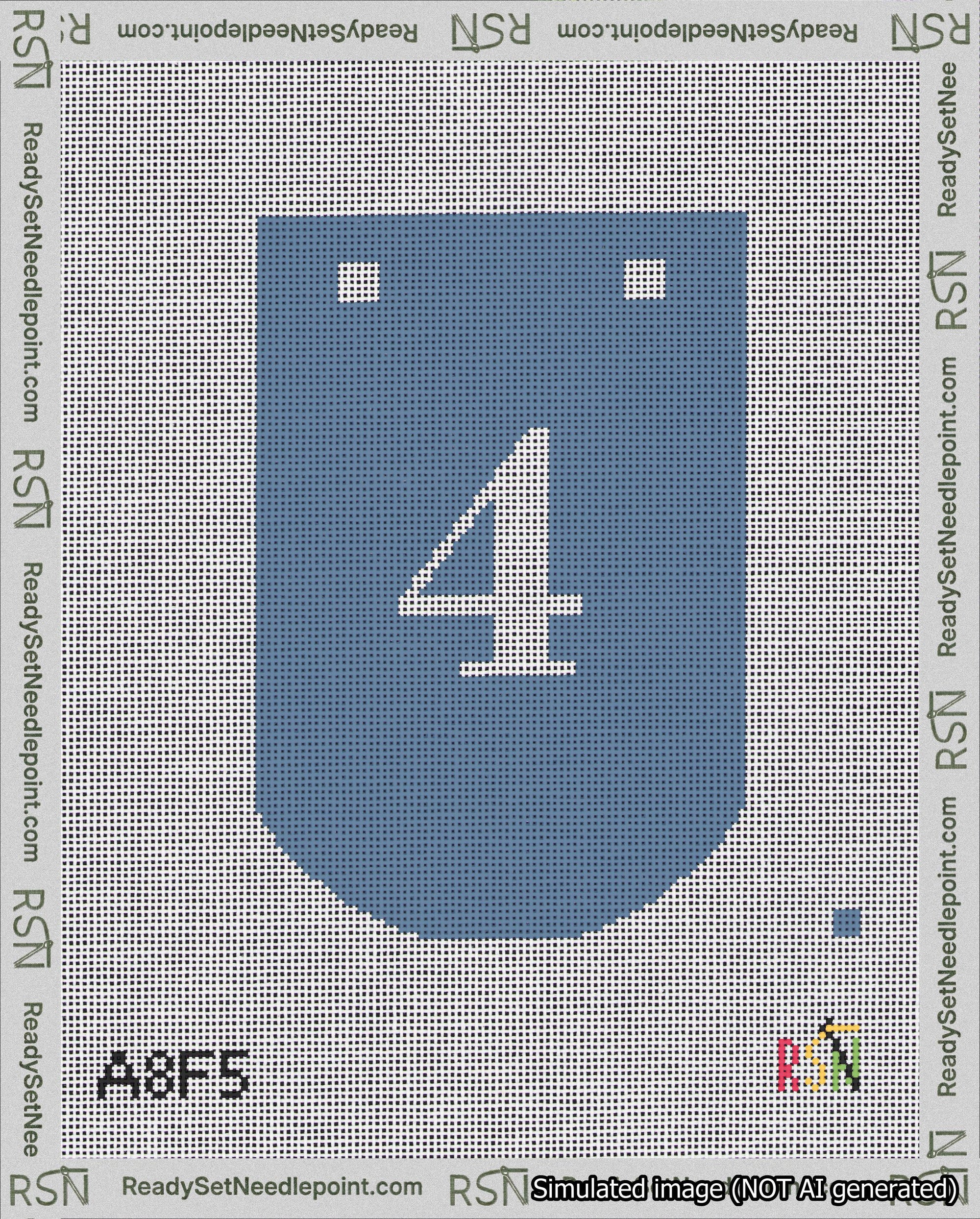 A taped needlepoint canvas with the design: Banner 18 mesh count Curved 4 White on Blue.