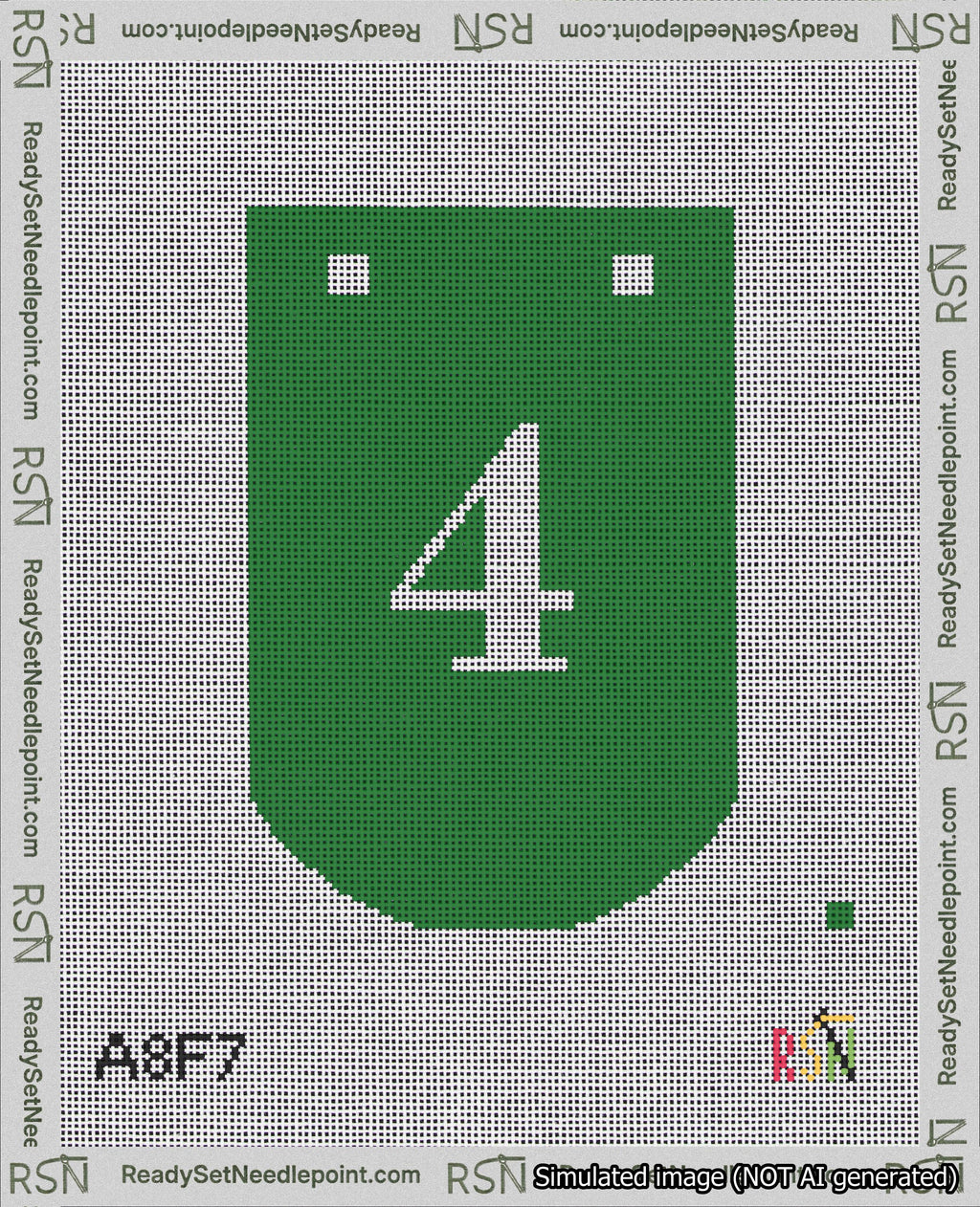 A taped needlepoint canvas with the design: Banner 18 mesh count Curved 4 White on Green.
