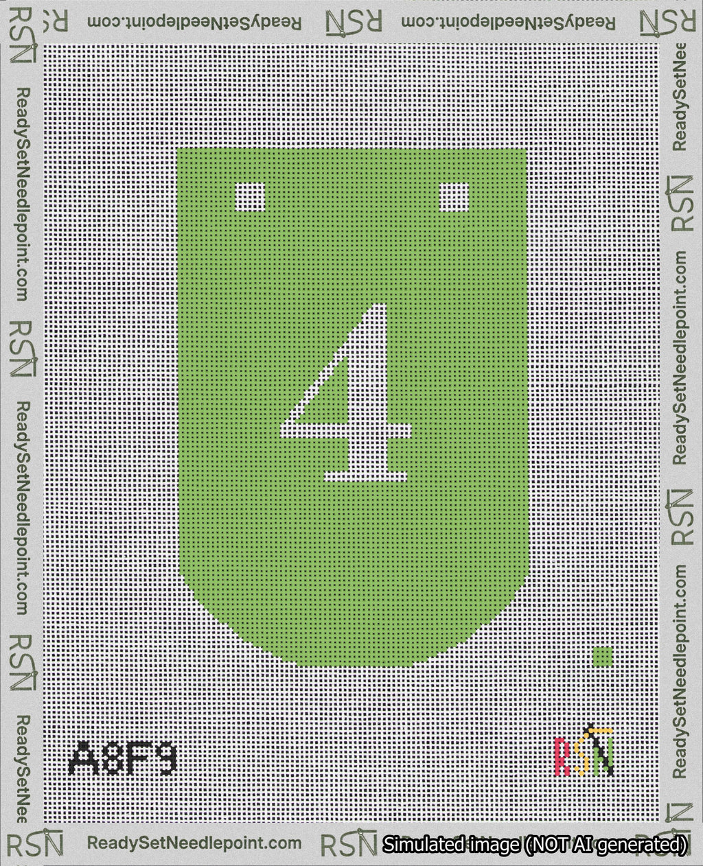 A taped needlepoint canvas with the design: Banner 18 mesh count Curved 4 White on Light Green.