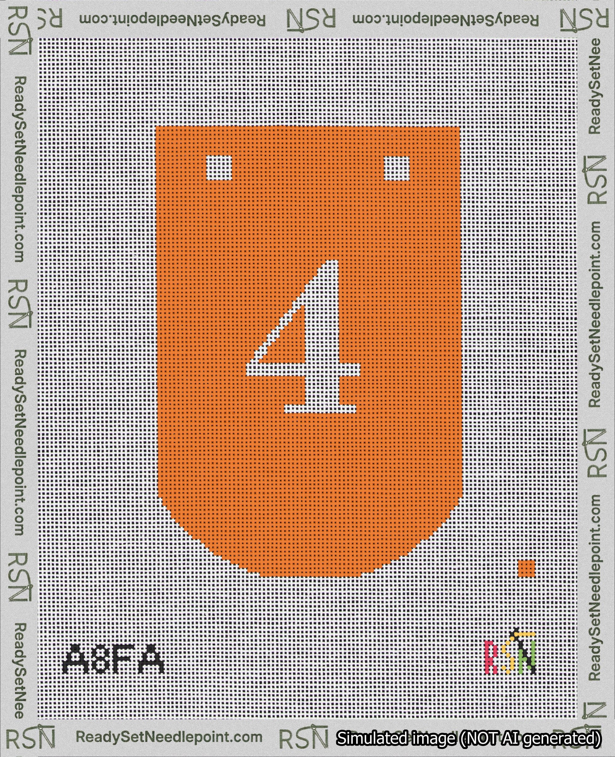 A taped needlepoint canvas with the design: Banner 18 mesh count Curved 4 White on Orange.
