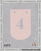 A taped needlepoint canvas with the design: Banner 18 mesh count Curved 4 White on Pink.
