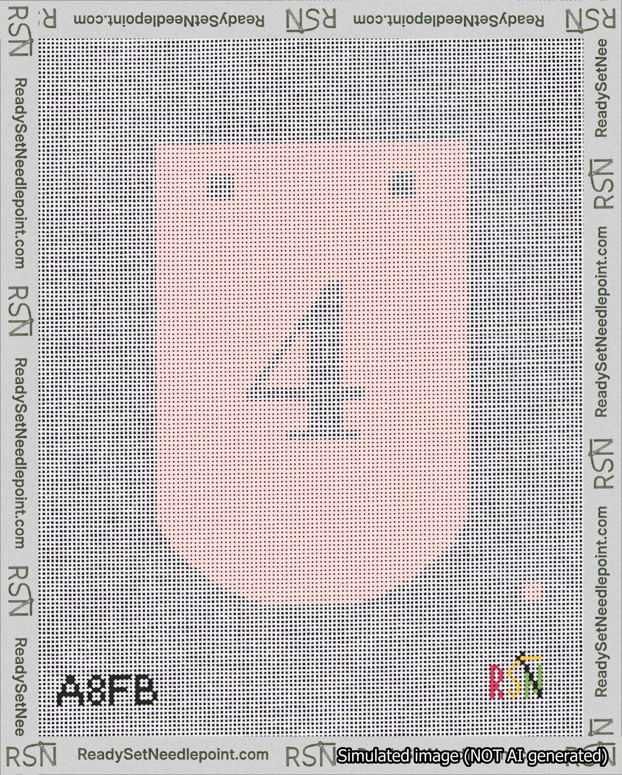 A taped needlepoint canvas with the design: Banner 18 mesh count Curved 4 White on Pink.