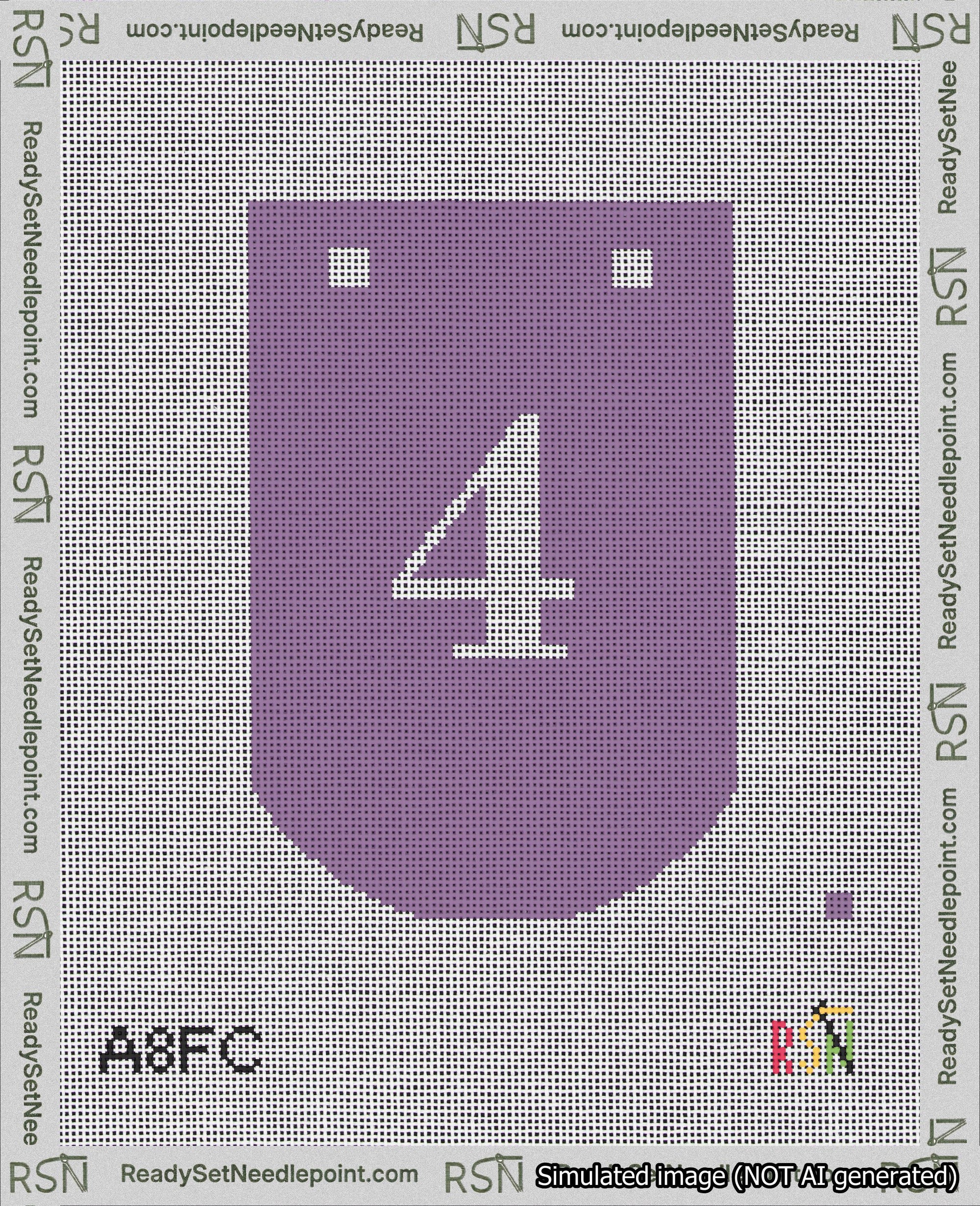 A taped needlepoint canvas with the design: Banner 18 mesh count Curved 4 White on Purple.