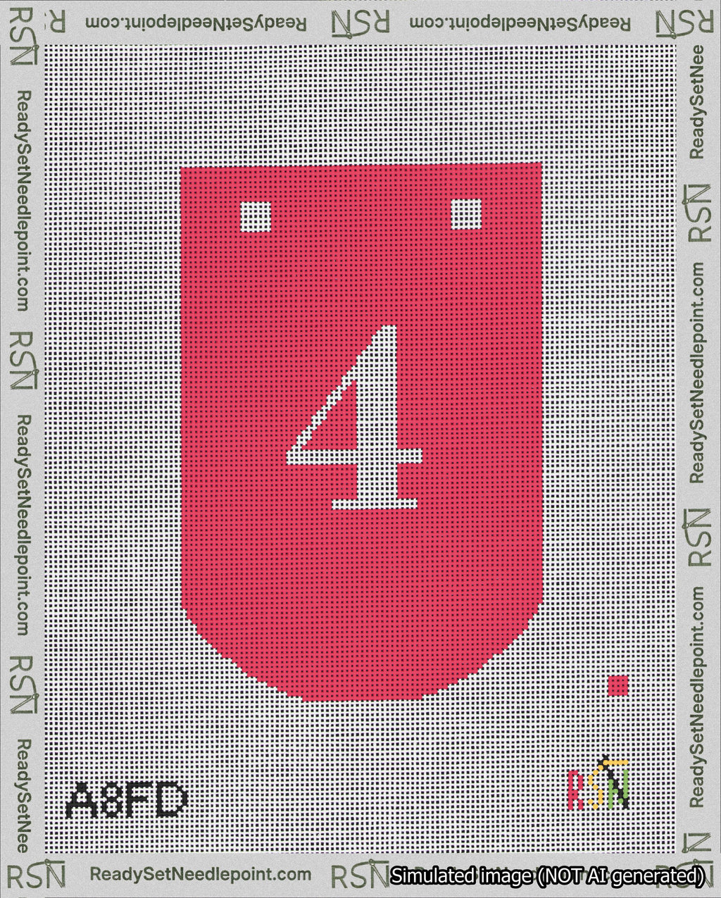 A taped needlepoint canvas with the design: Banner 18 mesh count Curved 4 White on Red.
