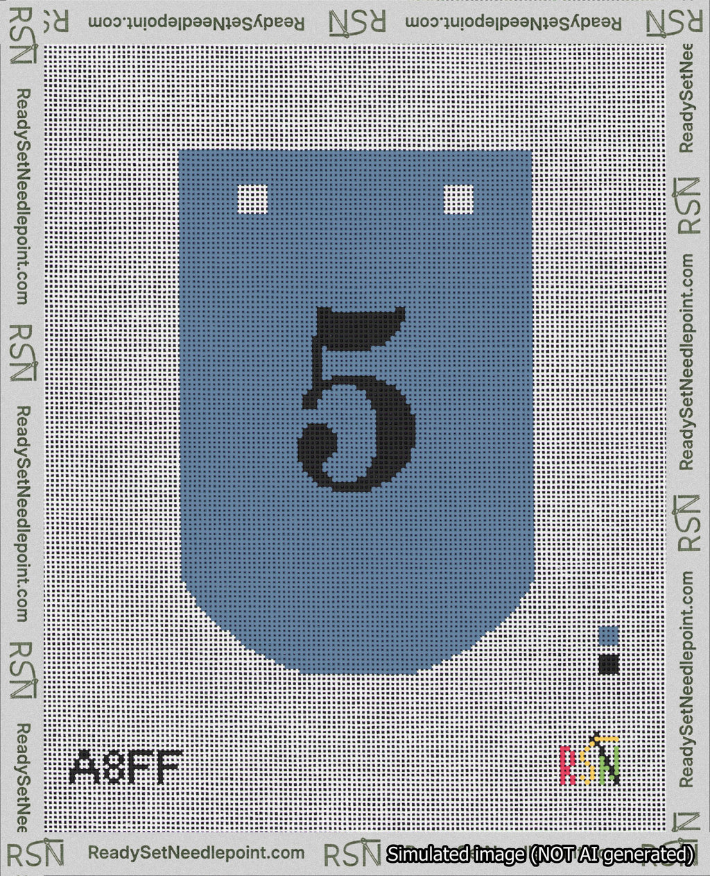 A taped needlepoint canvas with the design: Banner 18 mesh count Curved 5 Black on Blue.