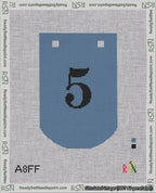 A taped needlepoint canvas with the design: Banner 18 mesh count Curved 5 Black on Blue.