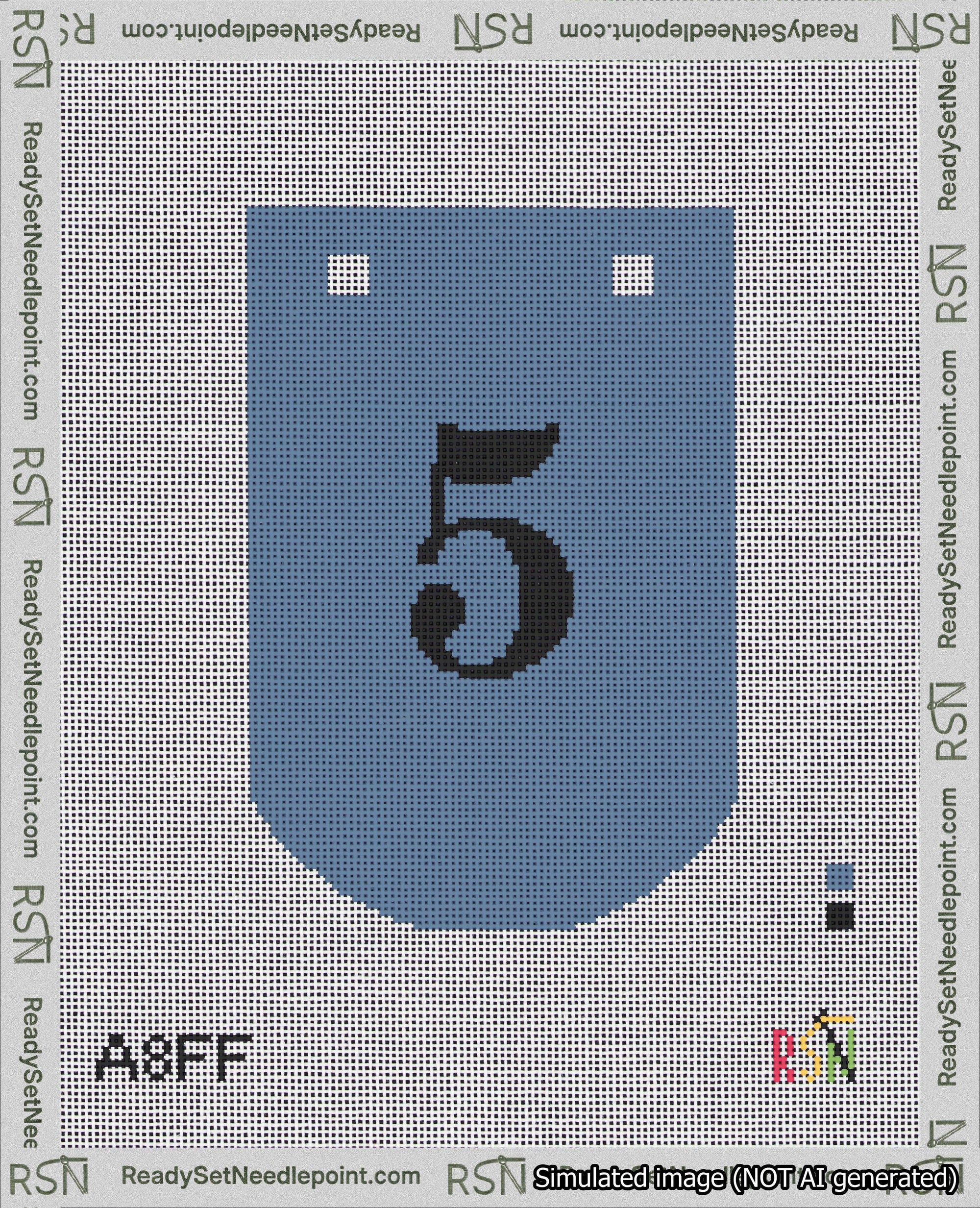 A taped needlepoint canvas with the design: Banner 18 mesh count Curved 5 Black on Blue.