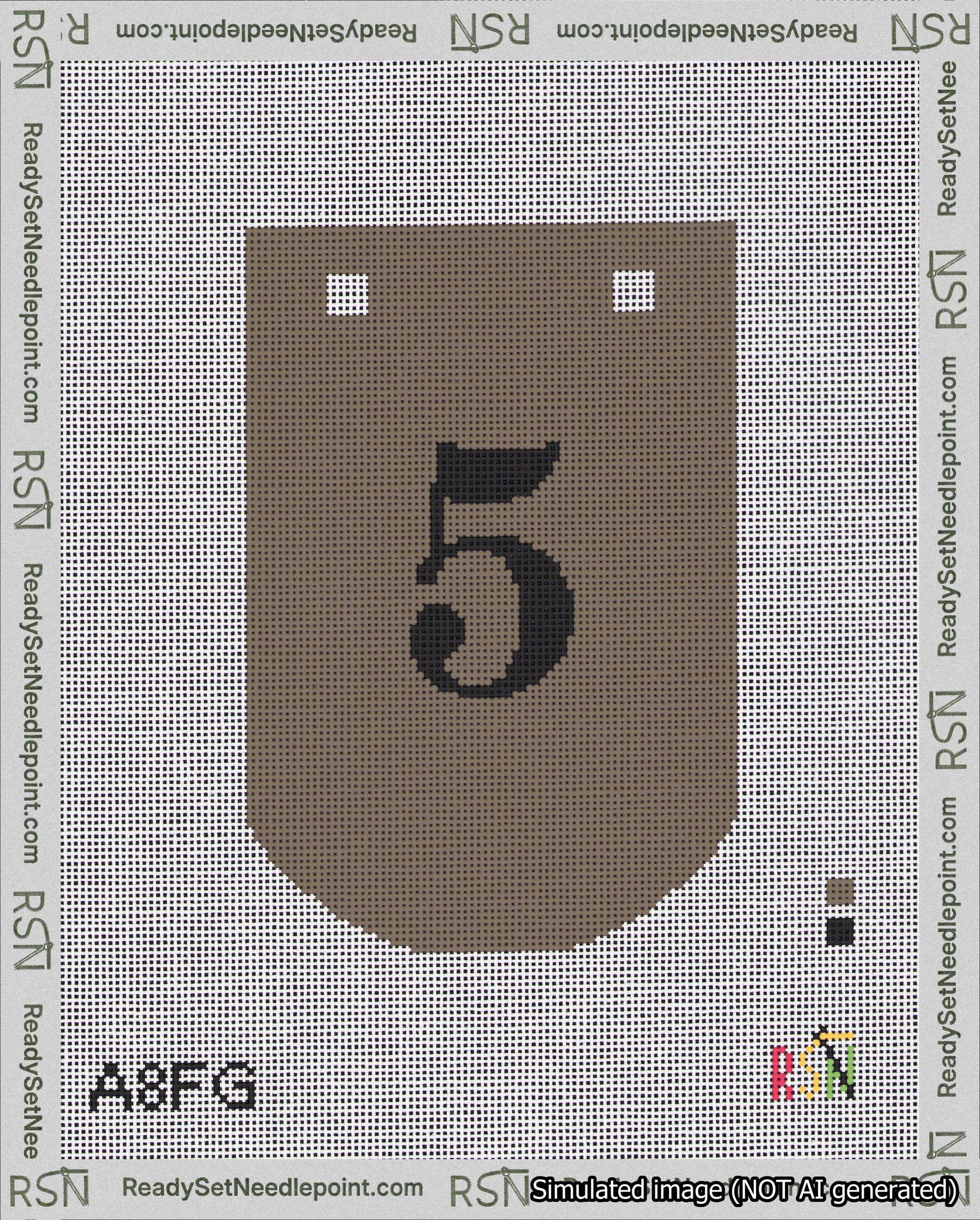 A taped needlepoint canvas with the design: Banner 18 mesh count Curved 5 Black on Brown.