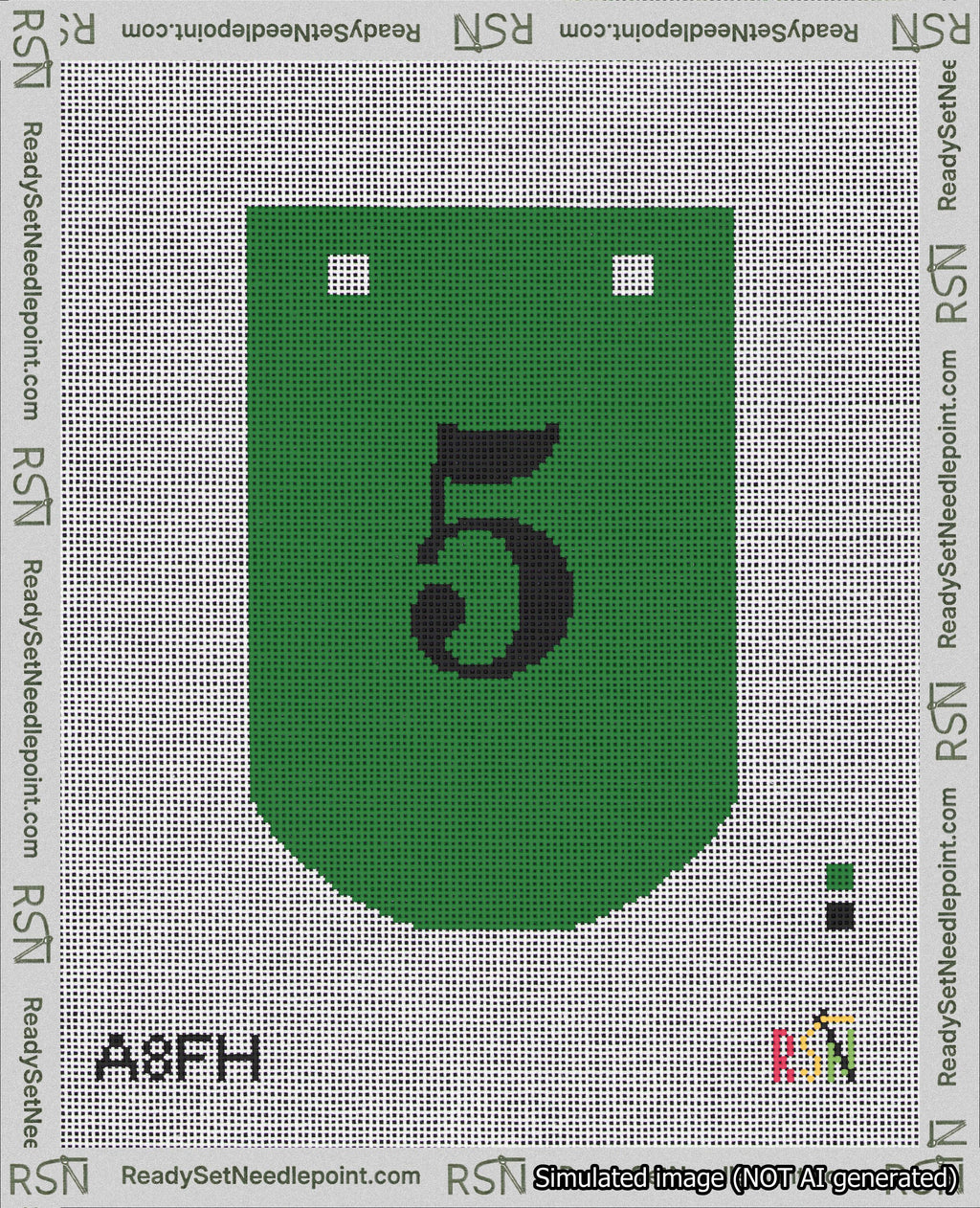 A taped needlepoint canvas with the design: Banner 18 mesh count Curved 5 Black on Green.
