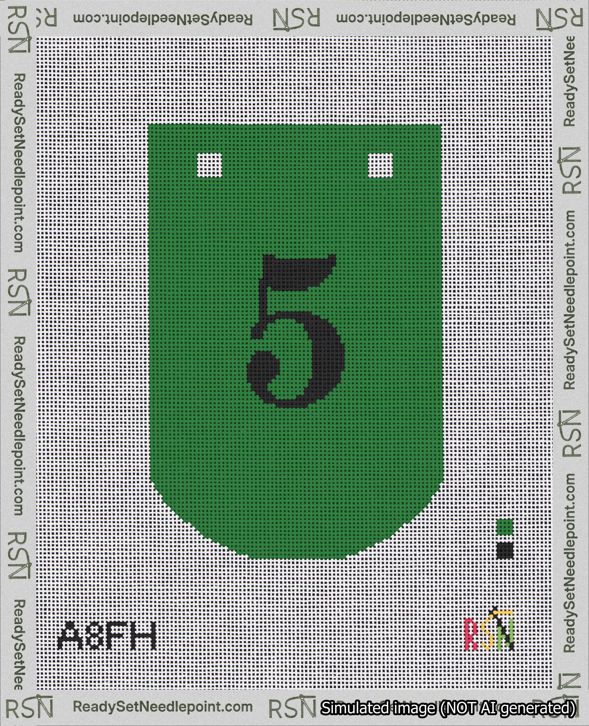 A taped needlepoint canvas with the design: Banner 18 mesh count Curved 5 Black on Green.