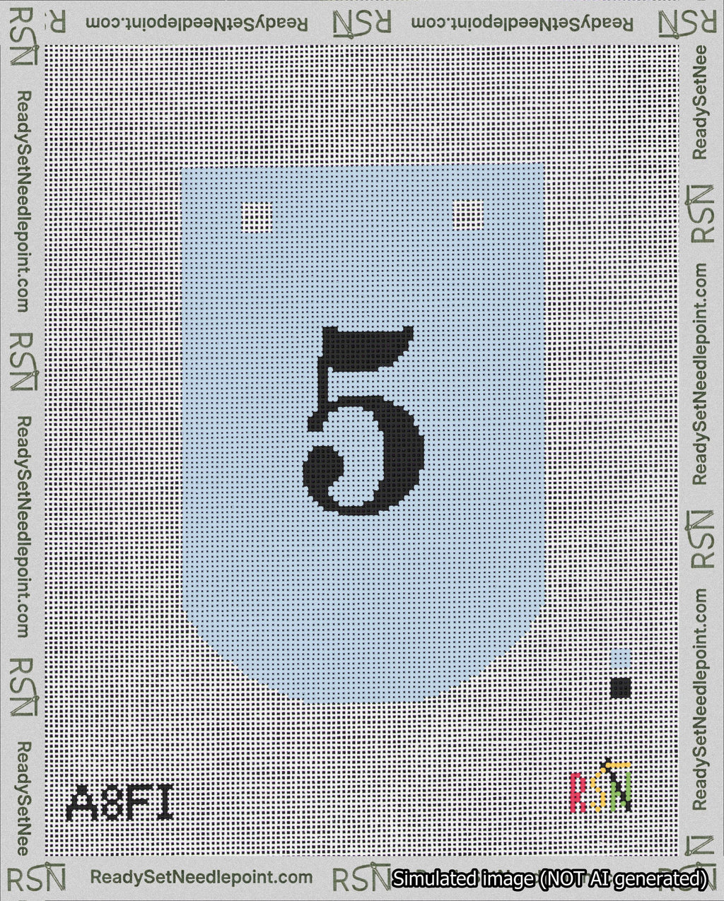 A taped needlepoint canvas with the design: Banner 18 mesh count Curved 5 Black on Light Blue.