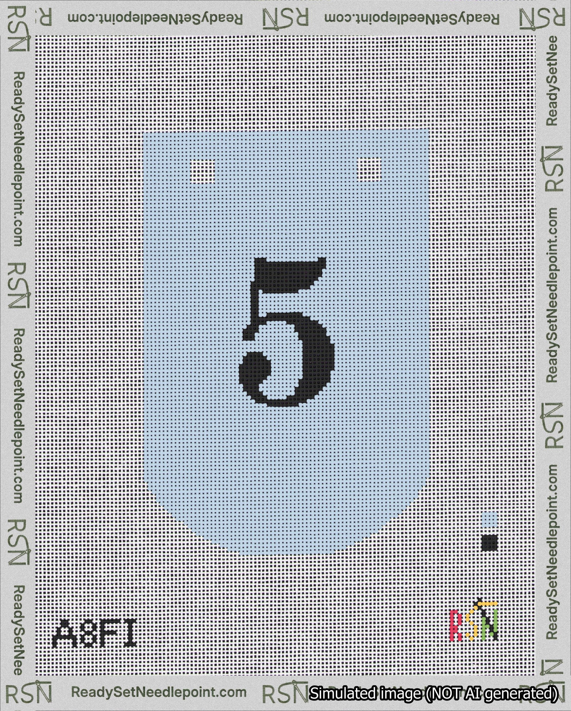 A taped needlepoint canvas with the design: Banner 18 mesh count Curved 5 Black on Light Blue.