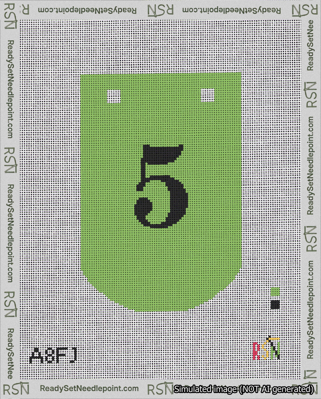 A taped needlepoint canvas with the design: Banner 18 mesh count Curved 5 Black on Light Green.
